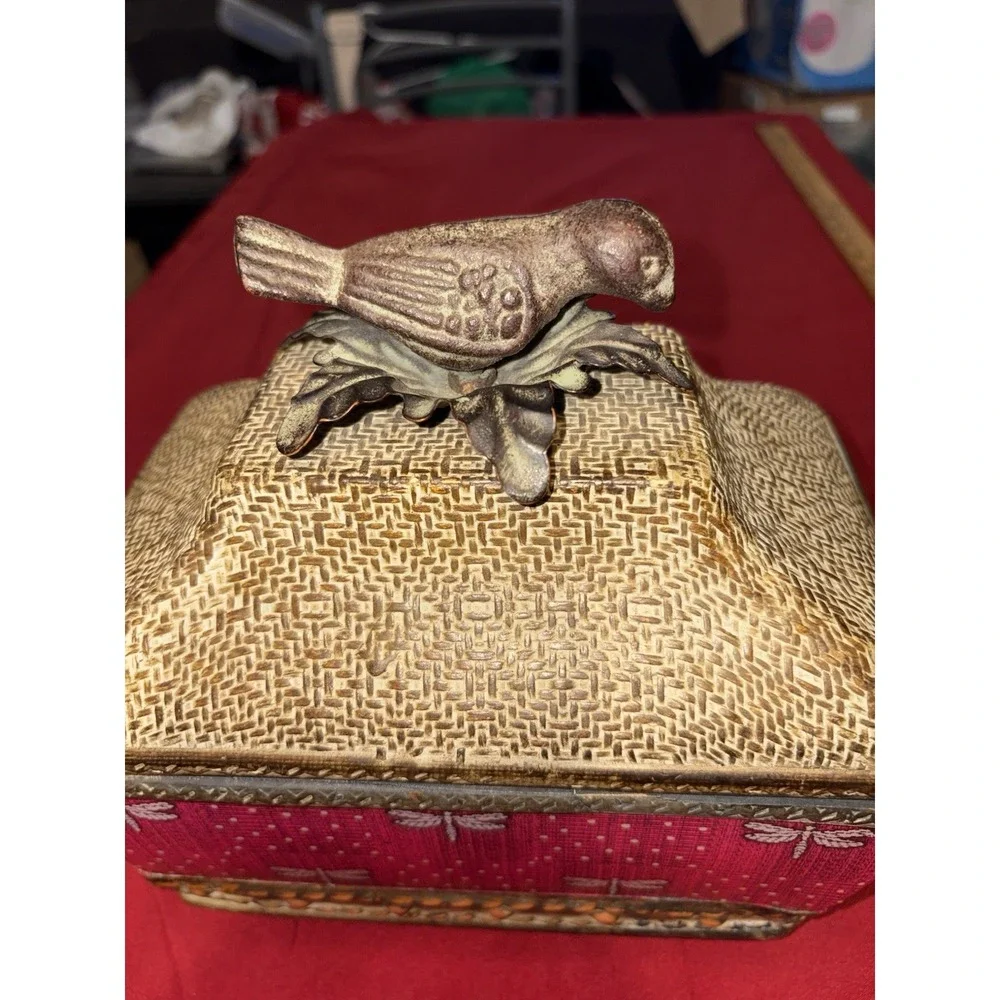Vintage Decorative Trinket Box Red Dragonfly Basketweave Metal Bird Handle Large